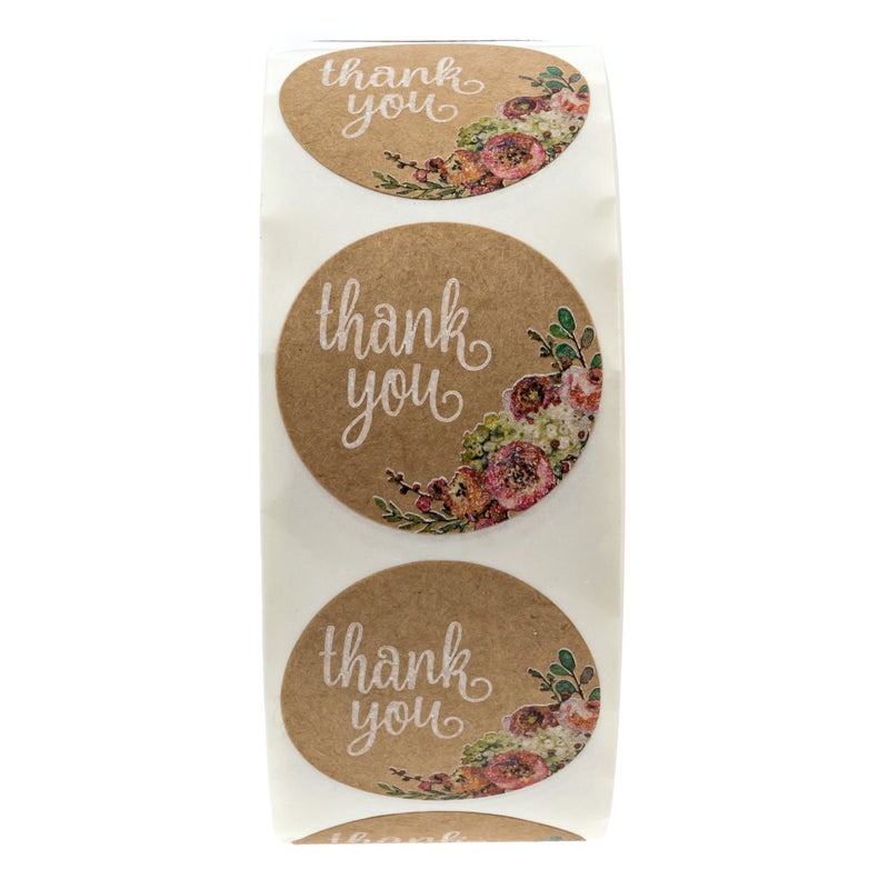 SBlabels Brown Kraft Floral Thank You Stickers / 1000 Thanks Flowers Labels Roll / 1.5" Round Envelope Seals/Made in The USA - Image 2